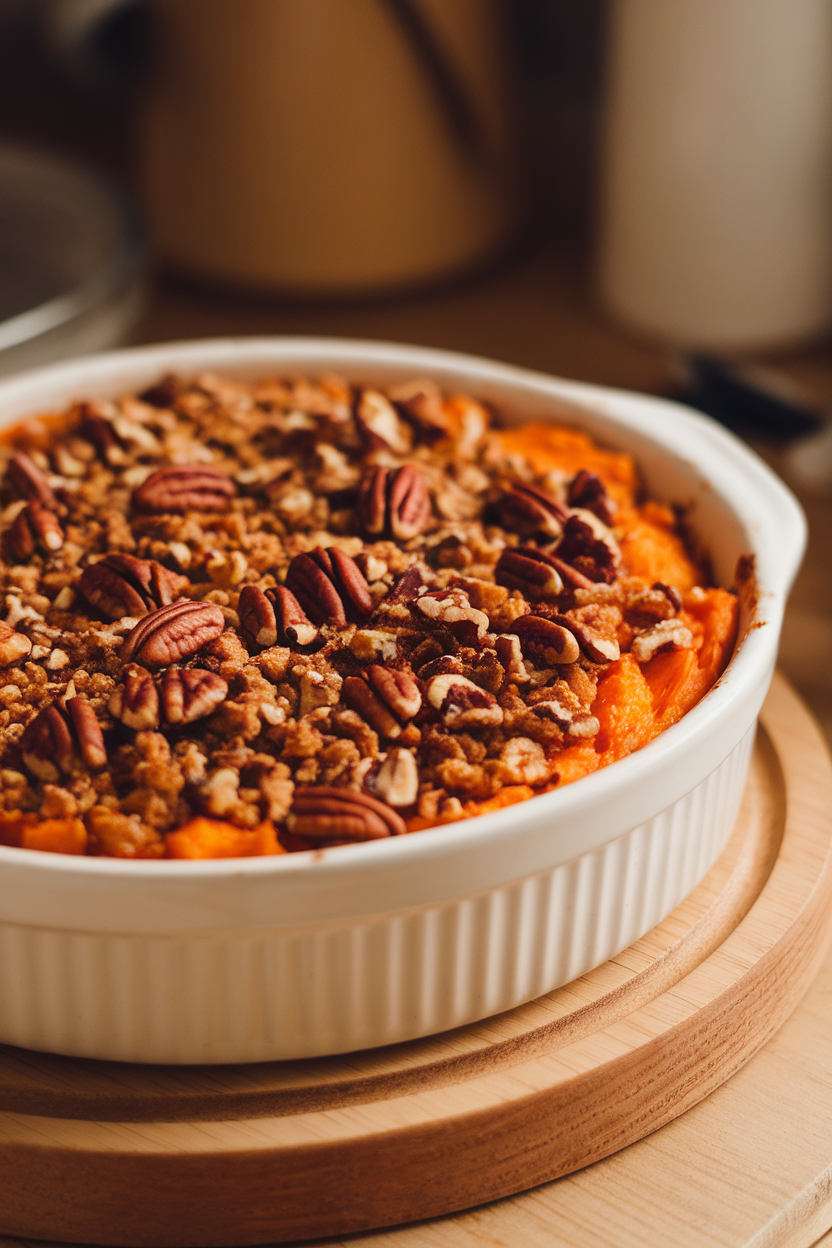 Indoor photo of sweet potato casserole topped with crunchy pecan streusel, warm lighting, no text or logos.
