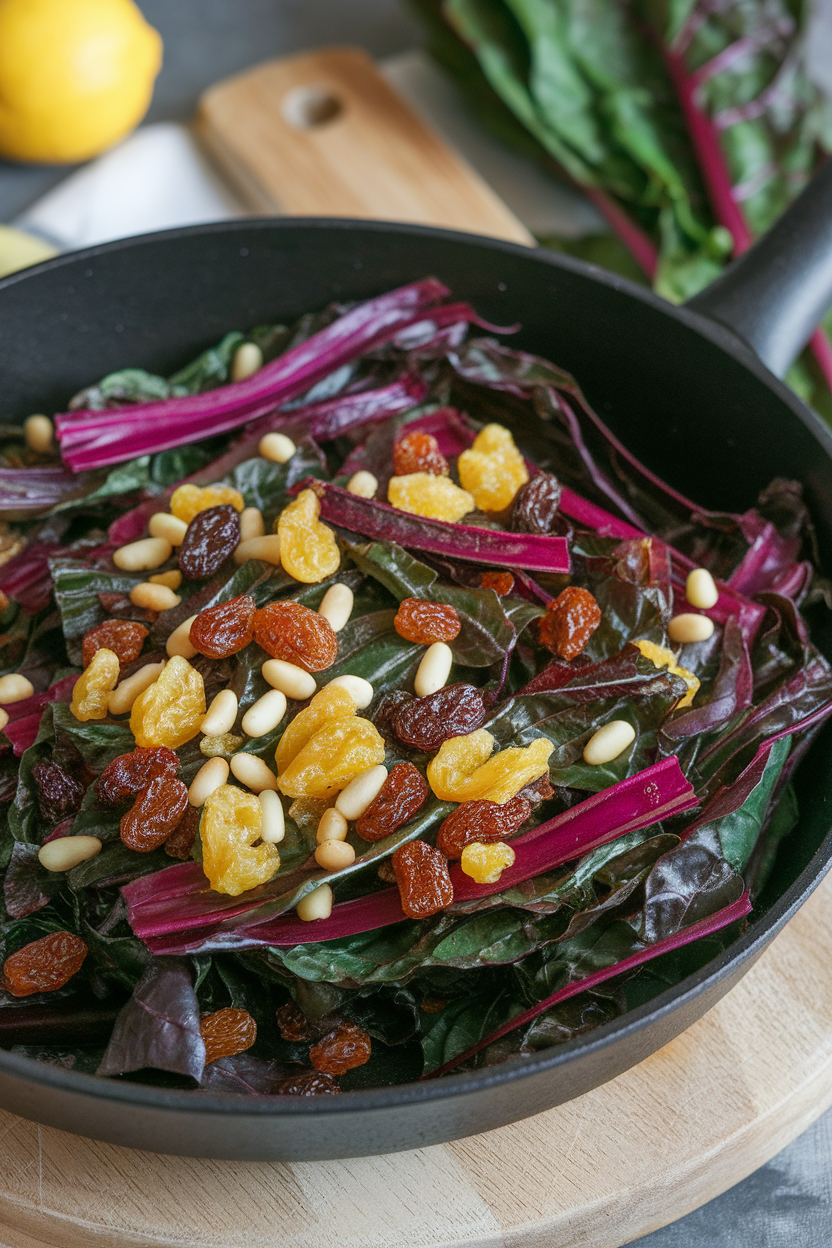 An indoor skillet of vibrant Swiss chard ribbons dotted with golden raisins and pine nuts; no text or logos.