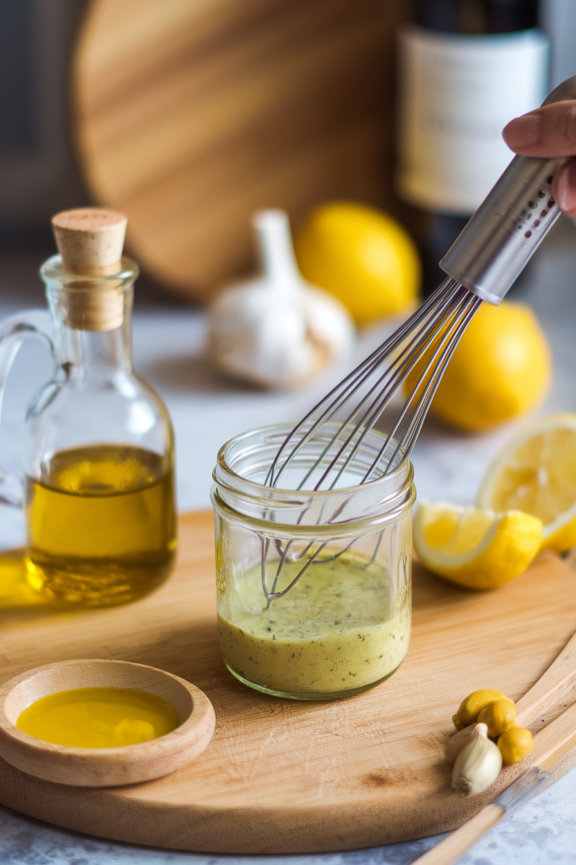 Photo prompt: An indoor kitchen scene with a small mason jar of homemade vinaigrette being whisked, simple ingredients like olive oil and mustard nearby, no text or logos.