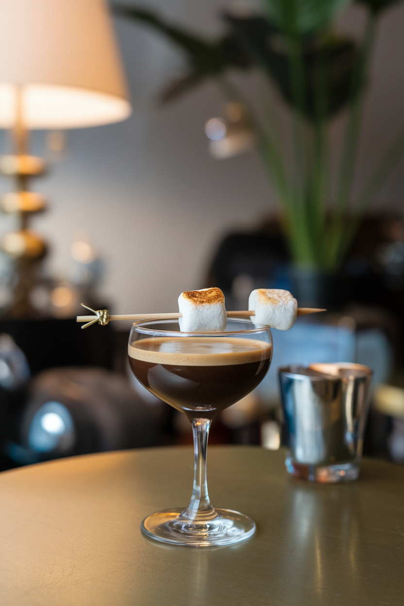 Indoor cocktail lounge table with a coupe glass of espresso martini, mini toasted marshmallow skewered across rim. Photo, no text or logos.
