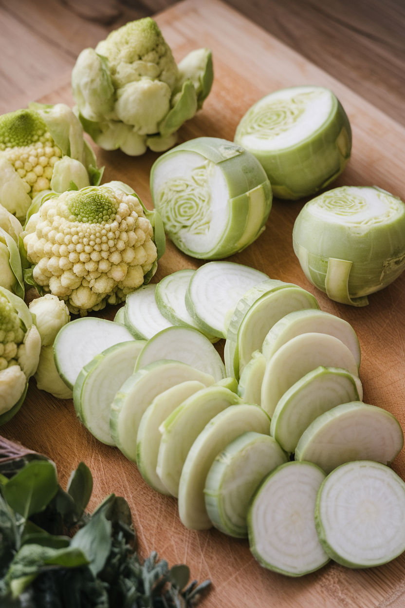 An indoor cutting board with neatly sliced kohlrabi and Romanesco florets—photo, no text or logos.