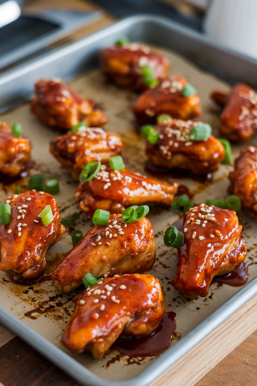 Photo of an indoor baking tray stacked with sticky gochujang-glazed chicken wings sprinkled with sesame seeds and scallions; no text or logos.