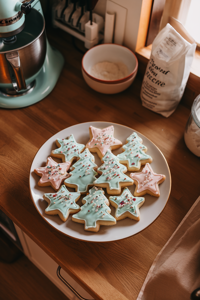 A warmly lit indoor kitchen counter showing a plate of star- and tree-shaped sugar cookies glazed with pastel royal icing and colorful nonpareils. The photo is taken overhead, no text or logos anywhere.</Prompt