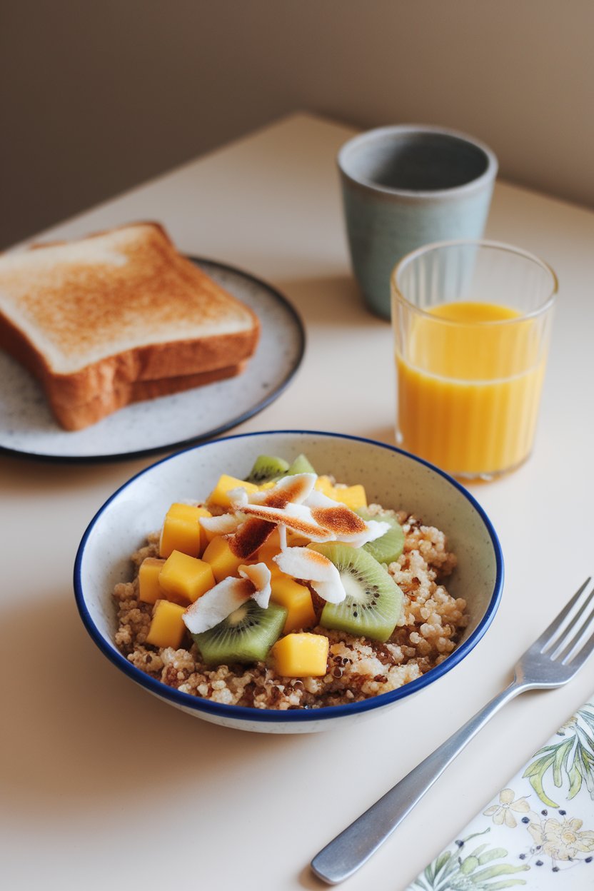 An indoor breakfast table with a bowl of cooked quinoa topped with diced mango, kiwi slices, and toasted coconut flakes. Photo, no text or logos.