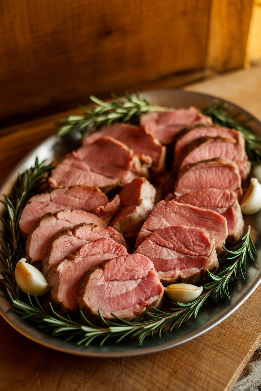 Indoor platter with medallions of roasted pork tenderloin garnished with rosemary sprigs and garlic cloves. No text or logos. Photo, not illustration.