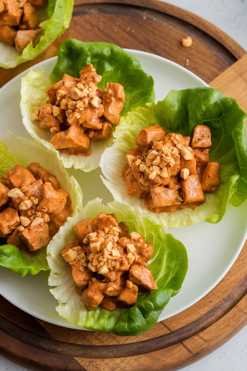 Butter lettuce leaves filled with diced chicken coated in peanut sauce, crushed peanuts sprinkled, indoor scene, no text or logos.