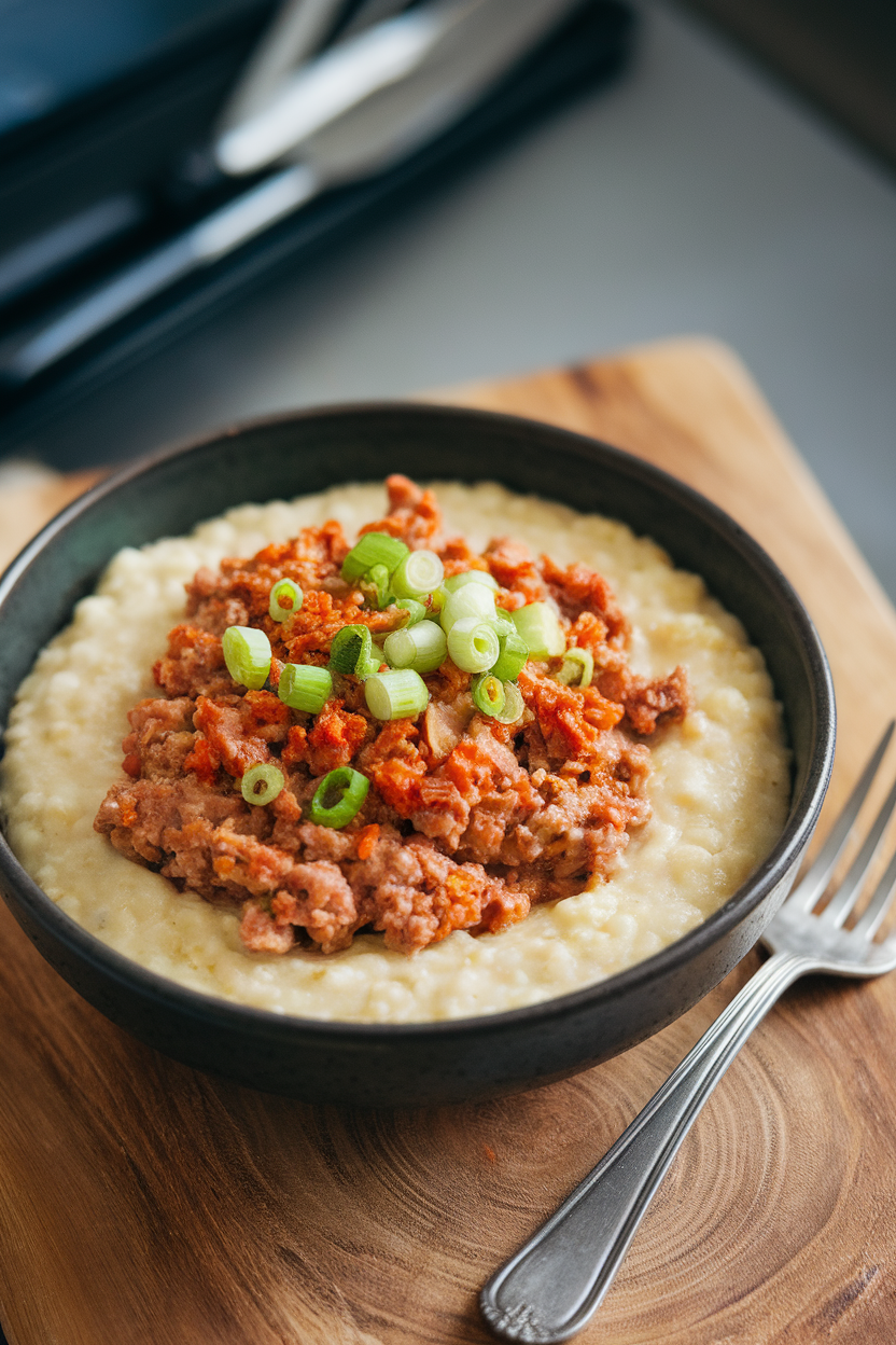 Indoor photo of a bowl filled with creamy cauliflower grits topped with spicy Cajun-seasoned ground turkey and scallions, no text or logos.