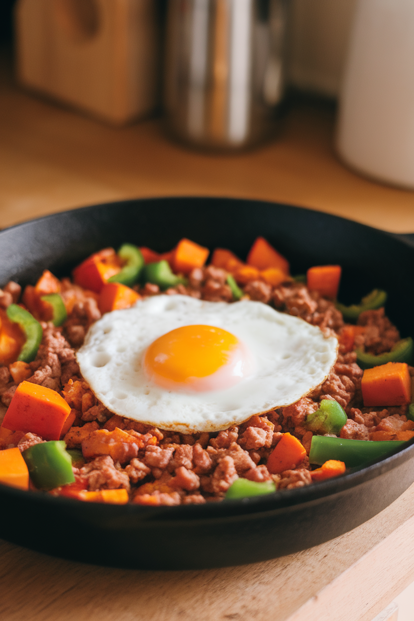 Indoor photo of a skillet hash with ground turkey, diced sweet potatoes, bell peppers, and a sunny-side egg on top, no text or logos.