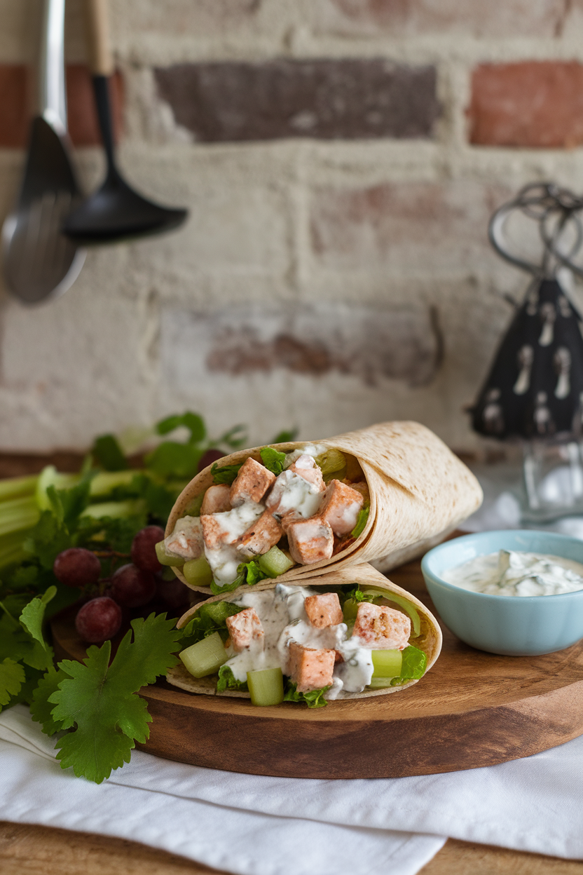 Cozy indoor lunch setting with whole-grain wraps filled with diced chicken mixed in a creamy Greek yogurt dressing, plus crunchy celery and grapes. No text or logos anywhere.