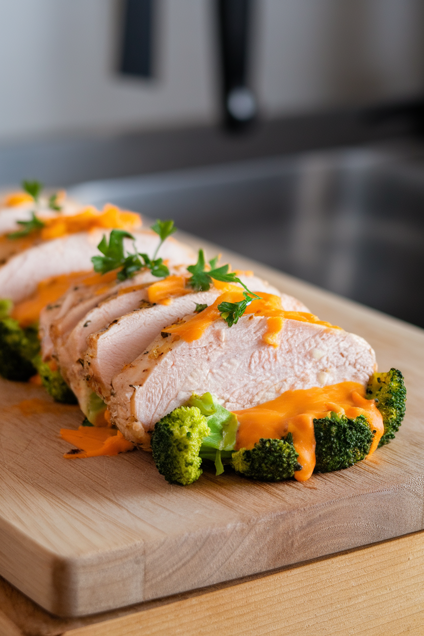 An indoor cutting board with sliced chicken breast showing a filling of bright green broccoli florets and melted cheddar, garnished with parsley. No text or logos present.