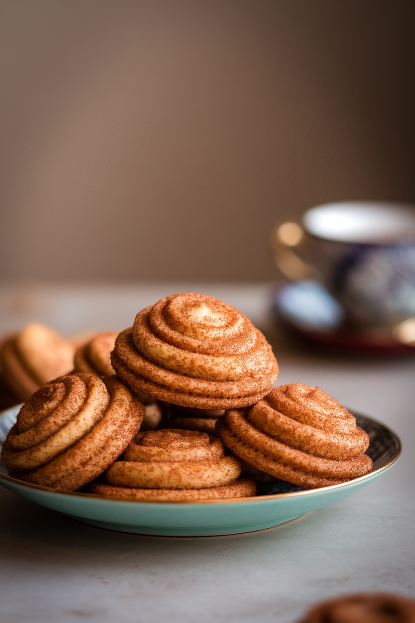 A plate of chai snickerdoodles coated with spiced sugar on an indoor table, teacup blurred behind. No text or logos.</Prompt