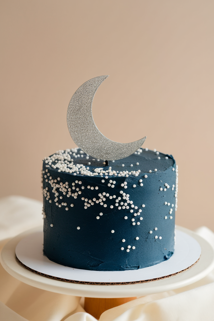 Dark navy buttercream-coated cake indoors with tiny white nonpareils scattered like stars and a silver sugar-paste crescent moon topper. No brand markings.