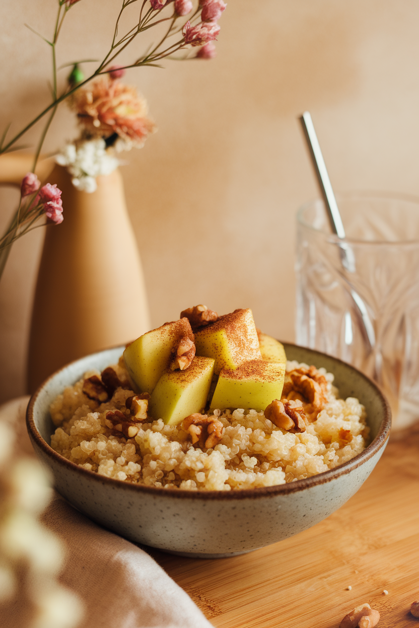 Warm indoor scene displaying a bowl of fluffy quinoa topped with sautéed apple cubes, a dusting of cinnamon, and chopped walnuts. No text or logos present; photo only.