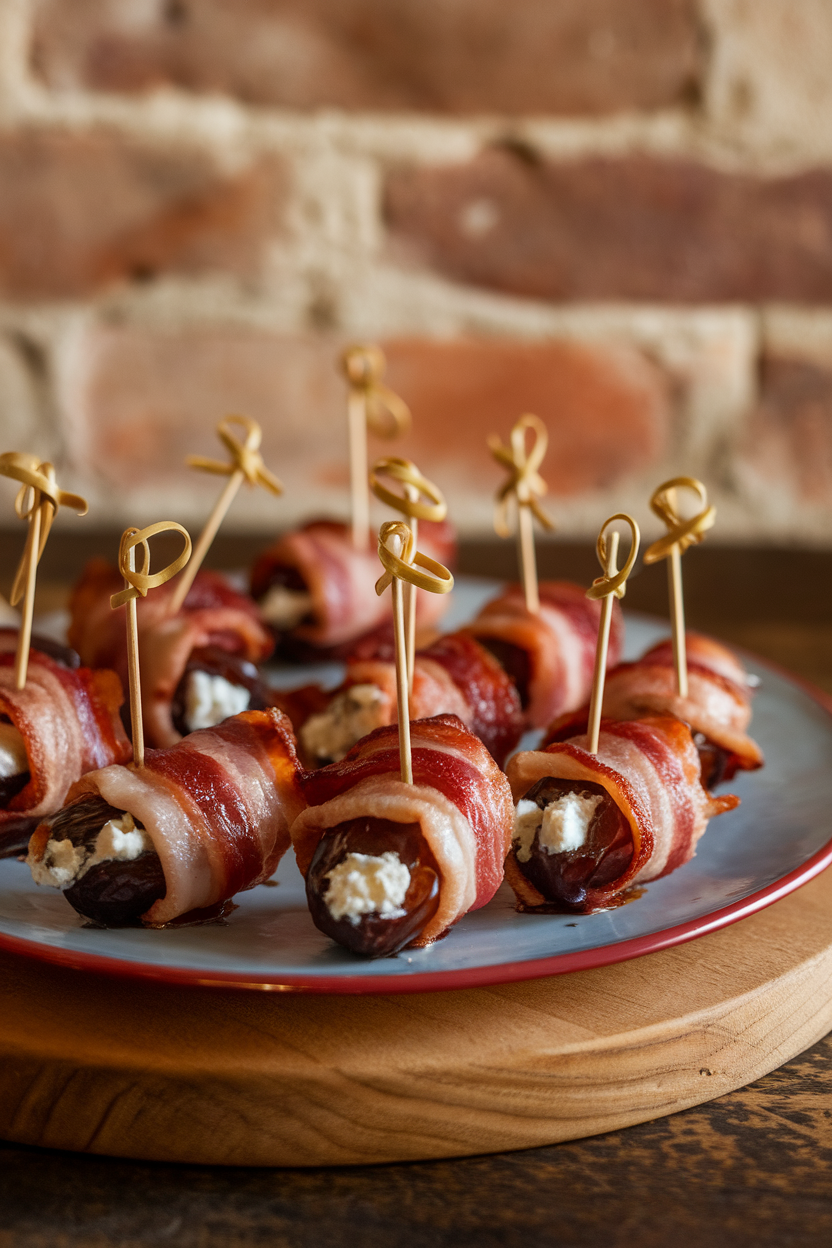 An indoor appetizer plate with bacon-wrapped dates glistening under warm light, toothpicks inserted for easy grabbing. No text or logos, photo only.