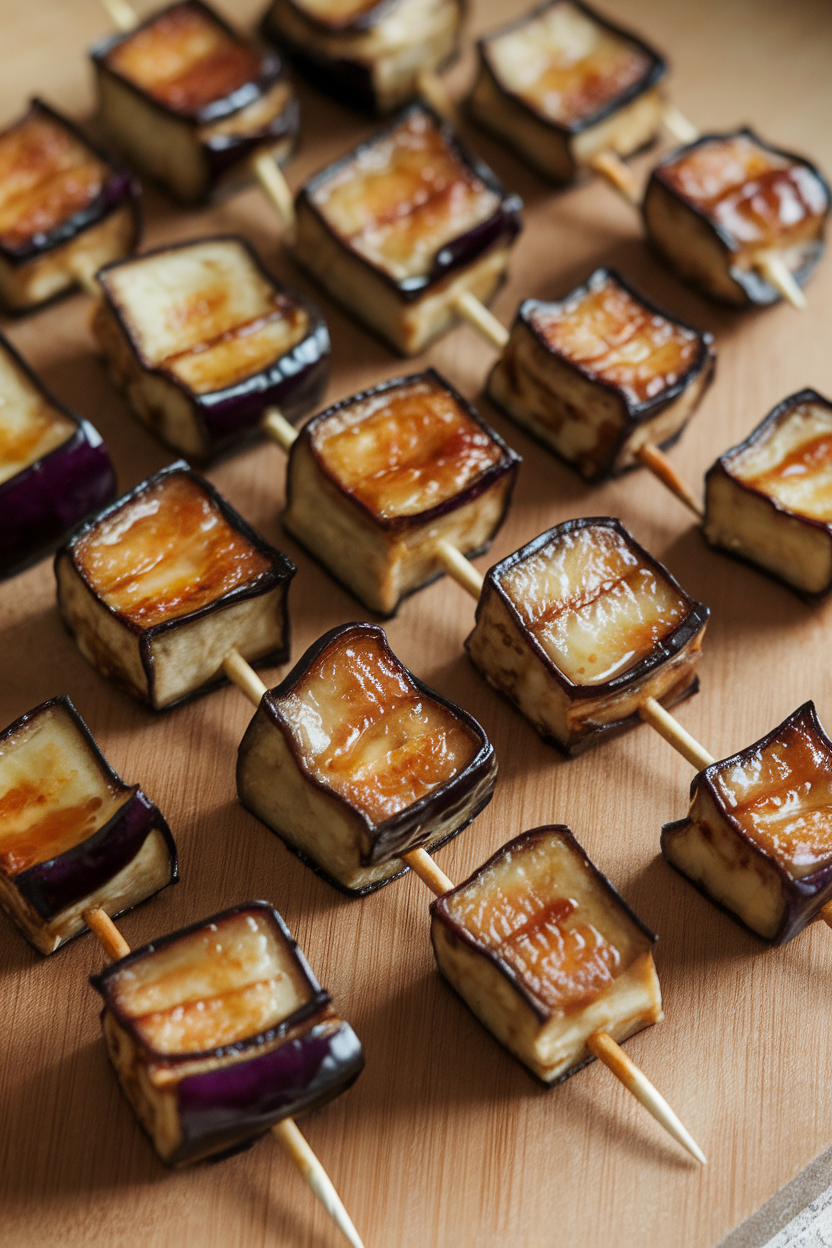 Indoor photo of small eggplant cubes glazed with miso and broiled until caramelized, served on toothpicks. No text or logos visible.
