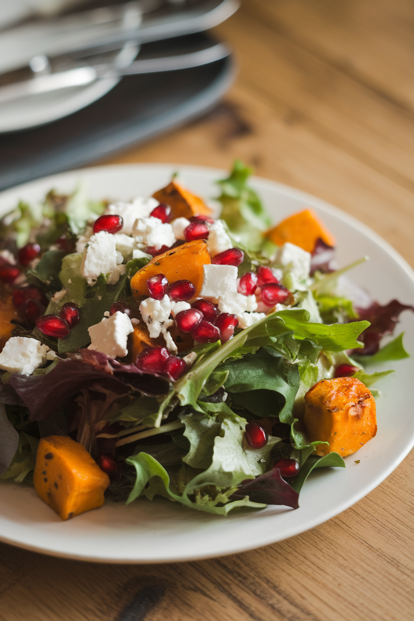 Photo of mixed greens tossed with pomegranate seeds, roasted squash cubes, and feta, indoor light, no text or logos.