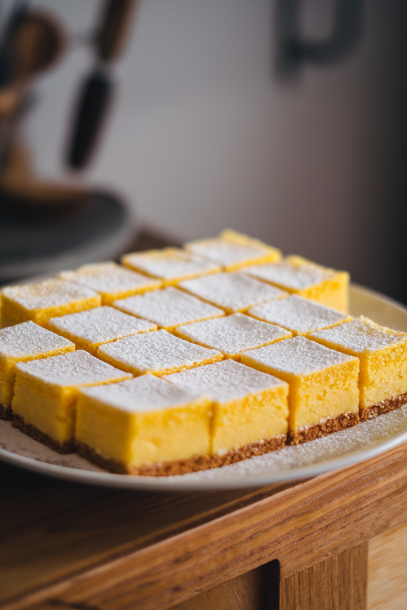 Indoor plate of vibrant yellow lemon bars dusted with powdered sugar, arranged in neat rows. No text or logos. Photo only.