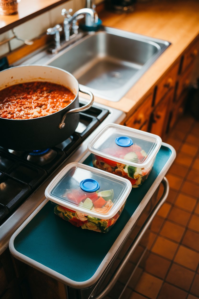 Photo of a pot of chili on a stove with two meal-prep containers filled and lidded beside it, indoors. Evening kitchen lighting, no text or logos.