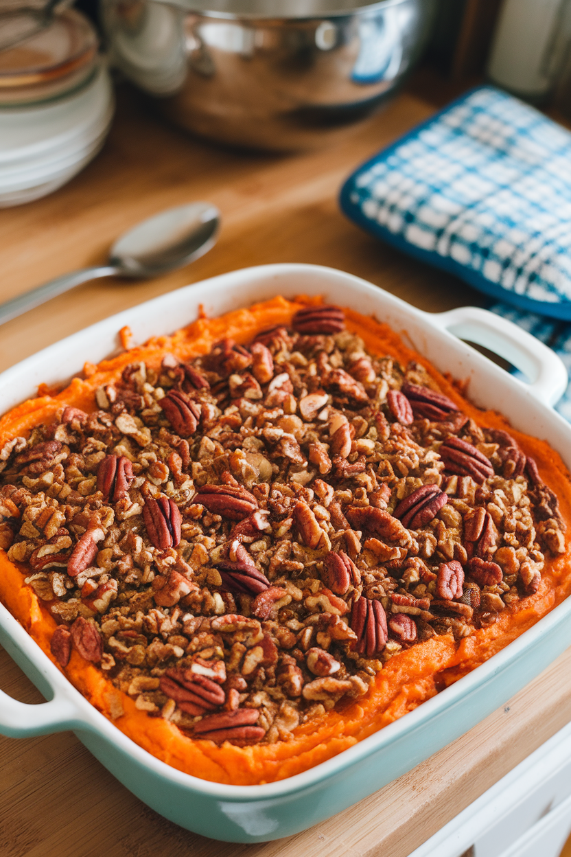 An indoor kitchen counter showing a casserole of mashed sweet potatoes crowned with pecan crumble, edges bubbling. No text or logos. Photo.