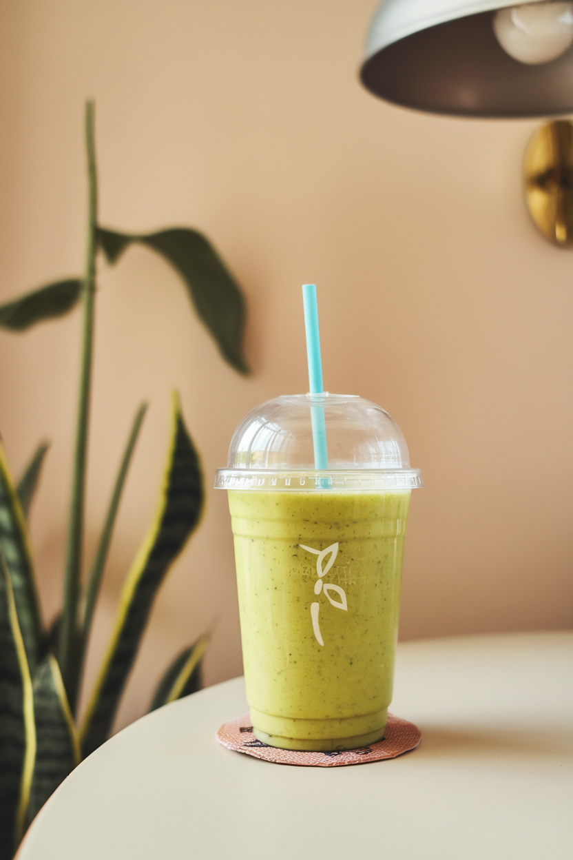 An indoor setting with a clear travel cup of bright green pineapple ginger smoothie on a coaster. Photo, no text or logos.