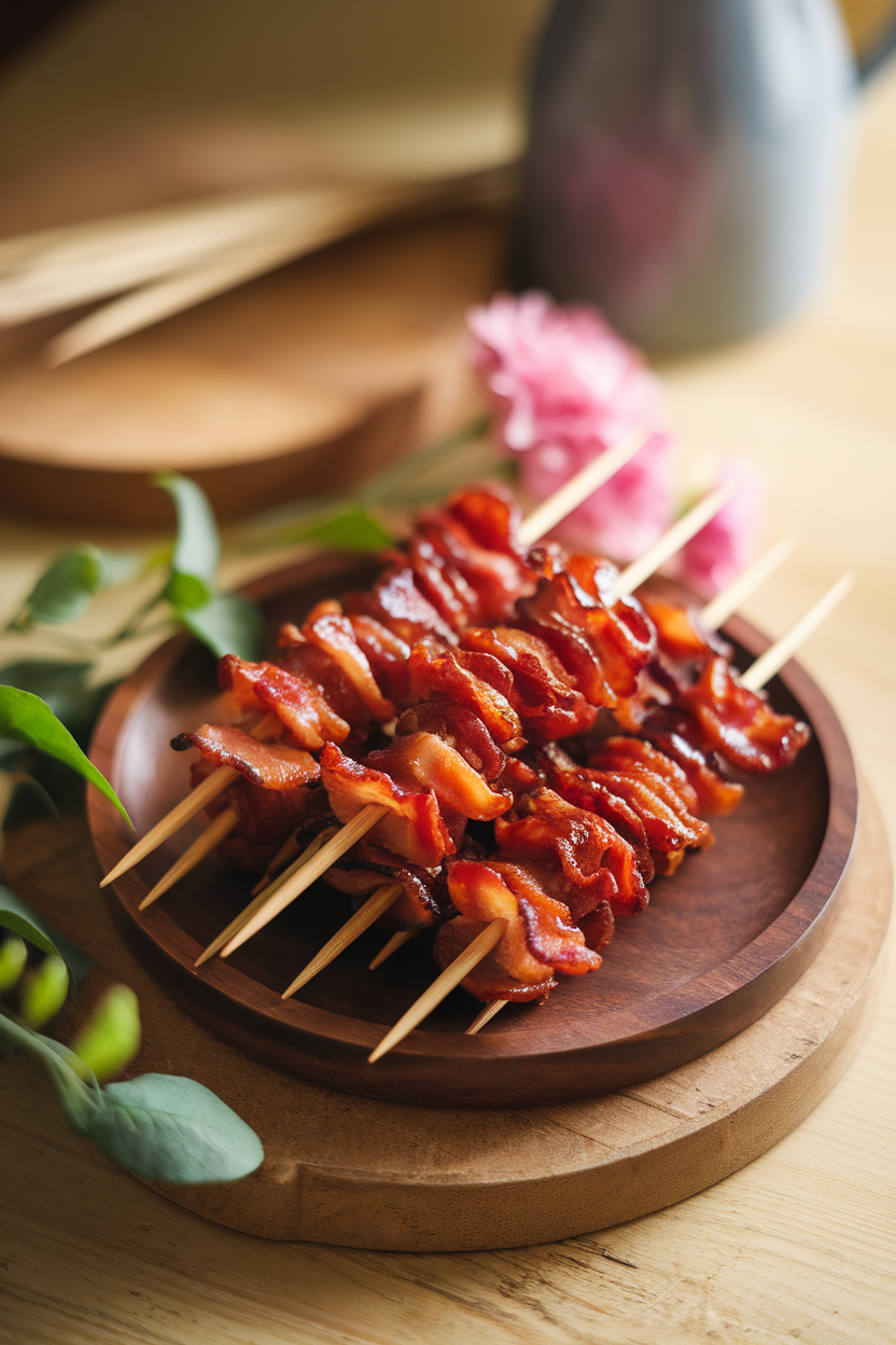 Photo of an indoor tray with wooden skewers threaded with crispy bacon coated in a shiny maple glaze; soft warm light, no text or logos