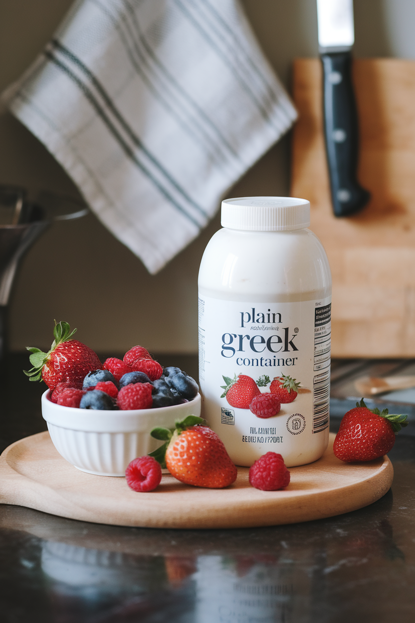 Indoor photo of a plain Greek yogurt container (brand obscured) beside a small bowl of fresh berries on a countertop; no text or logos.
