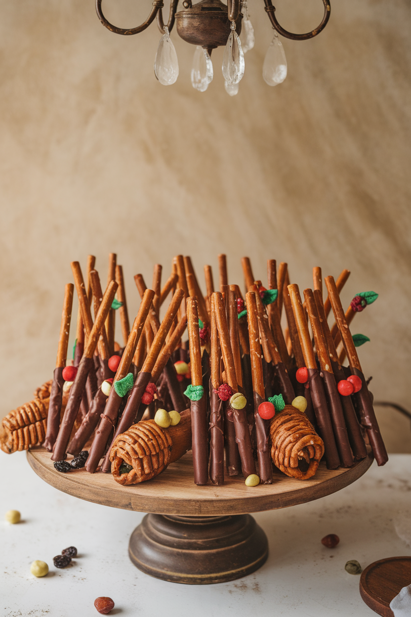 An indoor platter with long pretzel rods half-dipped in chocolate and decorated with tiny candy fruits and leaves to resemble cornucopias. Photo, no text or logos.