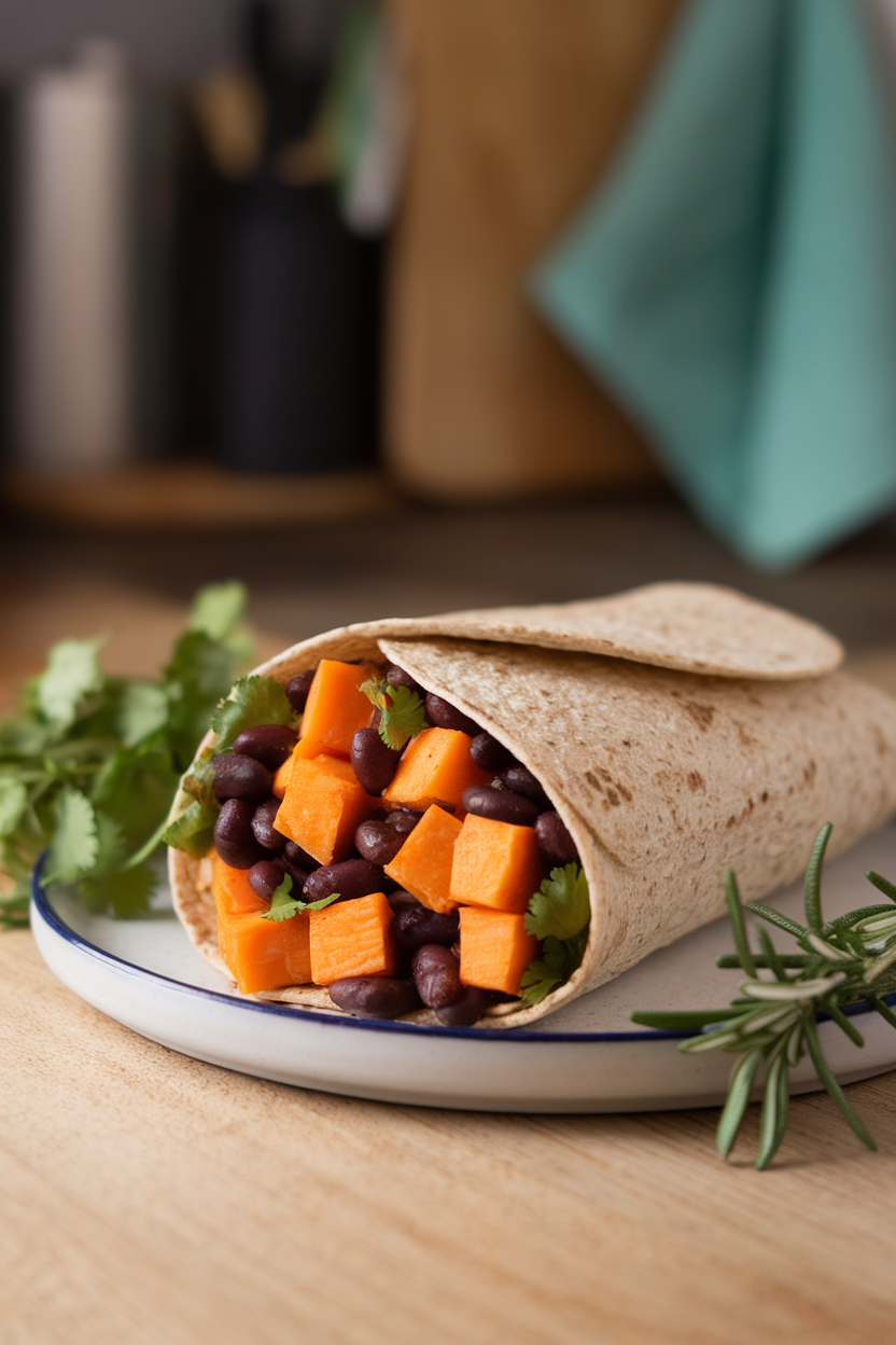 An indoor plate featuring a sliced whole-grain wrap bursting with orange sweet potato cubes and black beans. Photo, no text or logos.