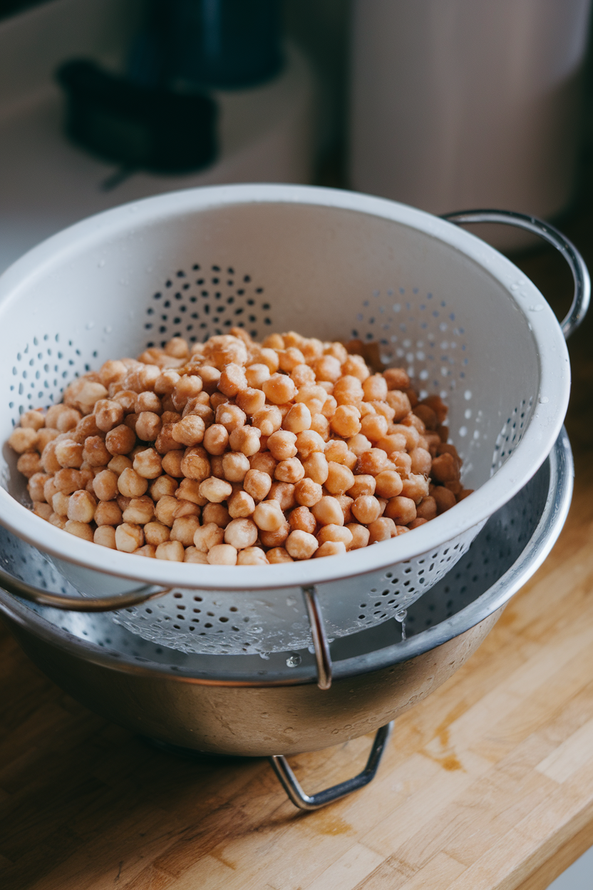 An indoor countertop scene with a rinsed pile of chickpeas in a white colander set over a bowl, water droplets visible; no text or logos, photo.