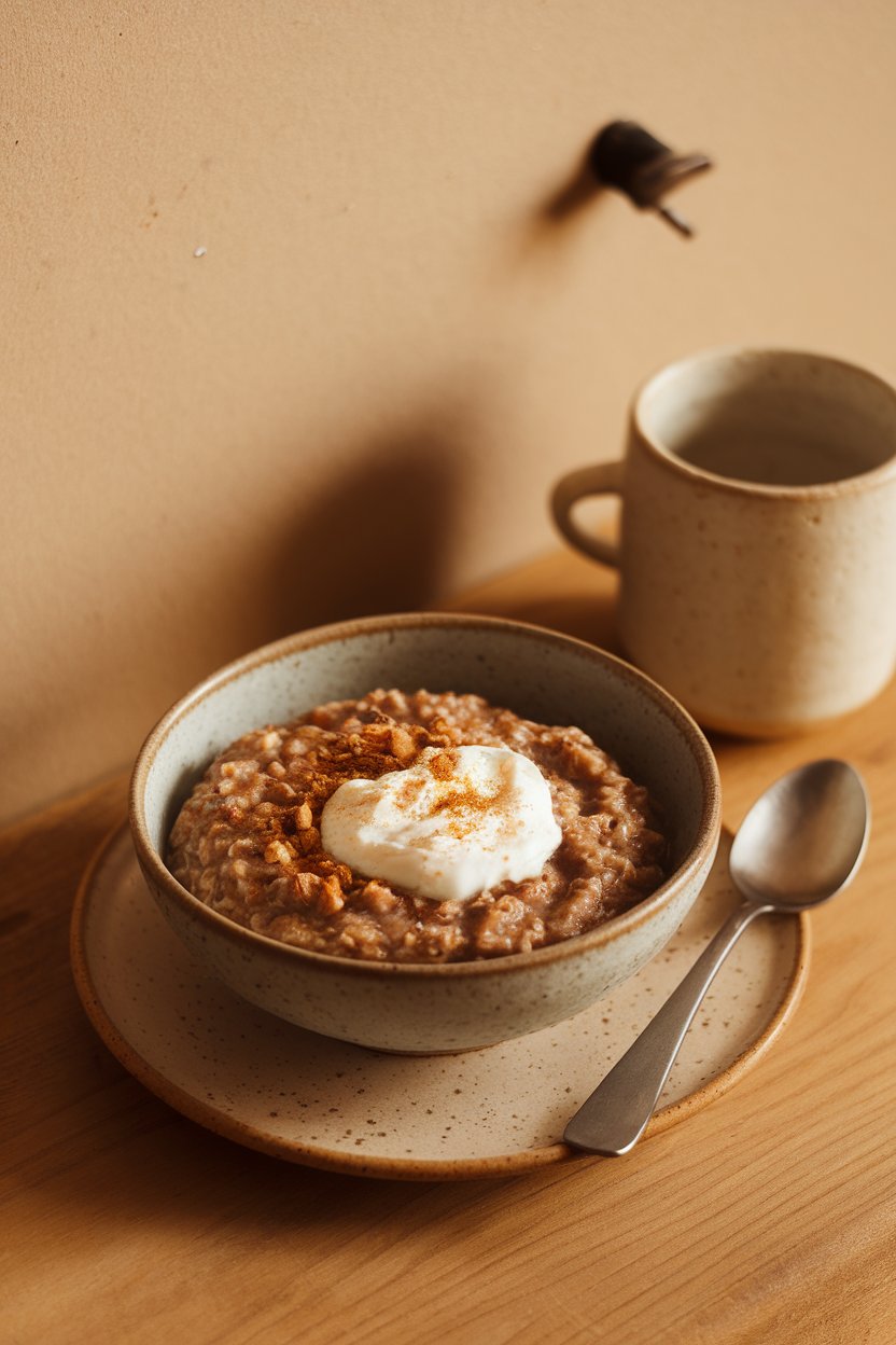 Indoor winter morning table with a bowl of dark spiced oatmeal topped with a dollop of coconut yogurt and a sprinkle of ground ginger. No text or logos. Photo.