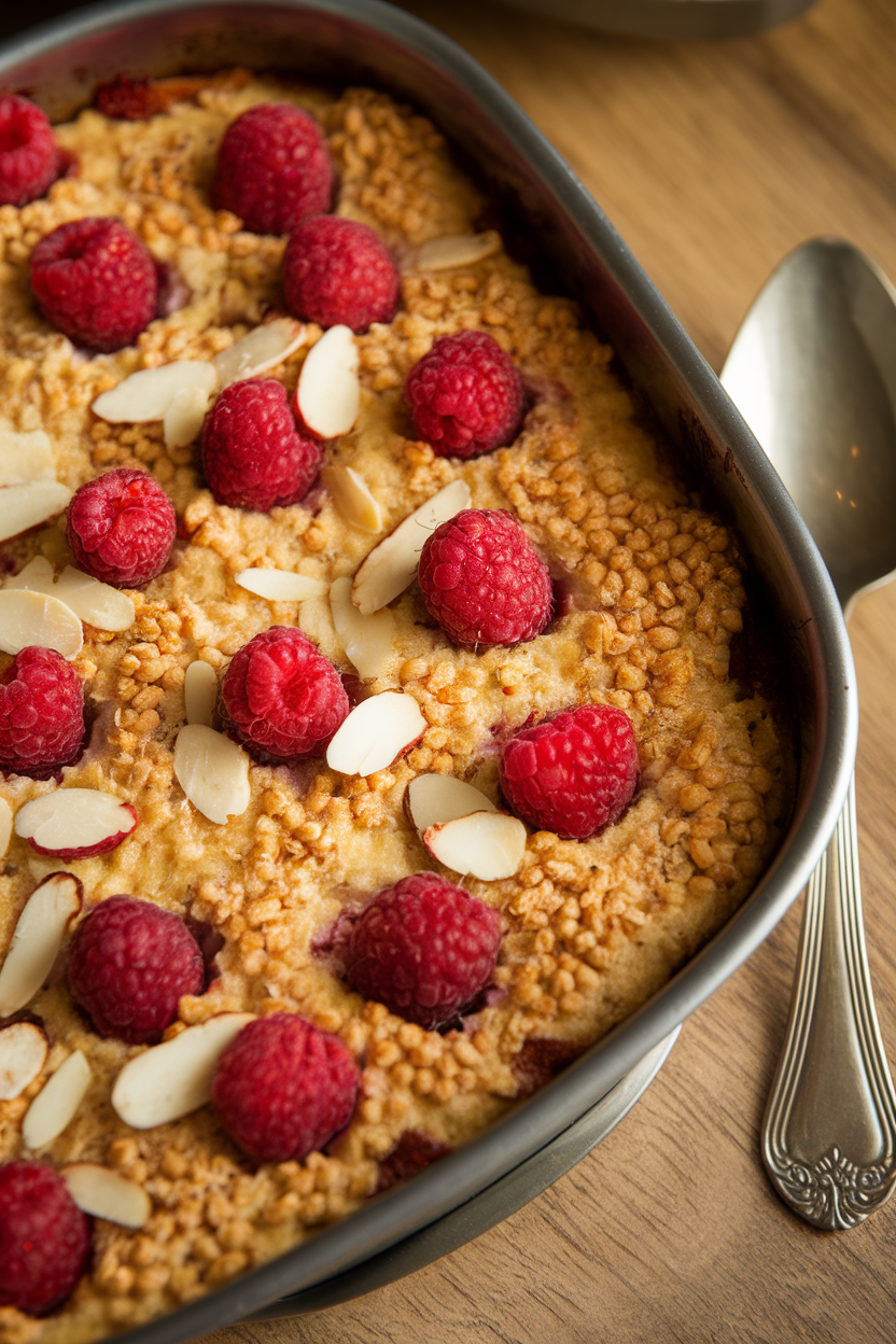 An indoor photo of a casserole dish holding a golden millet bake studded with raspberries and sliced almonds, serving spoon beside it. No text or logos.