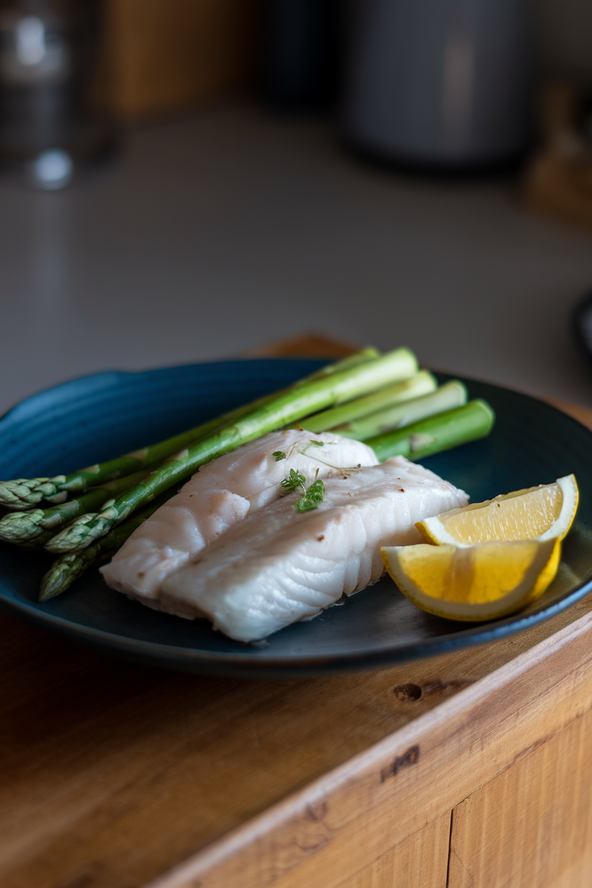 A dark blue plate showcasing a serving of white fish with green asparagus and lemon wedges under soft indoor light, emphasizing food color. No logos or text.