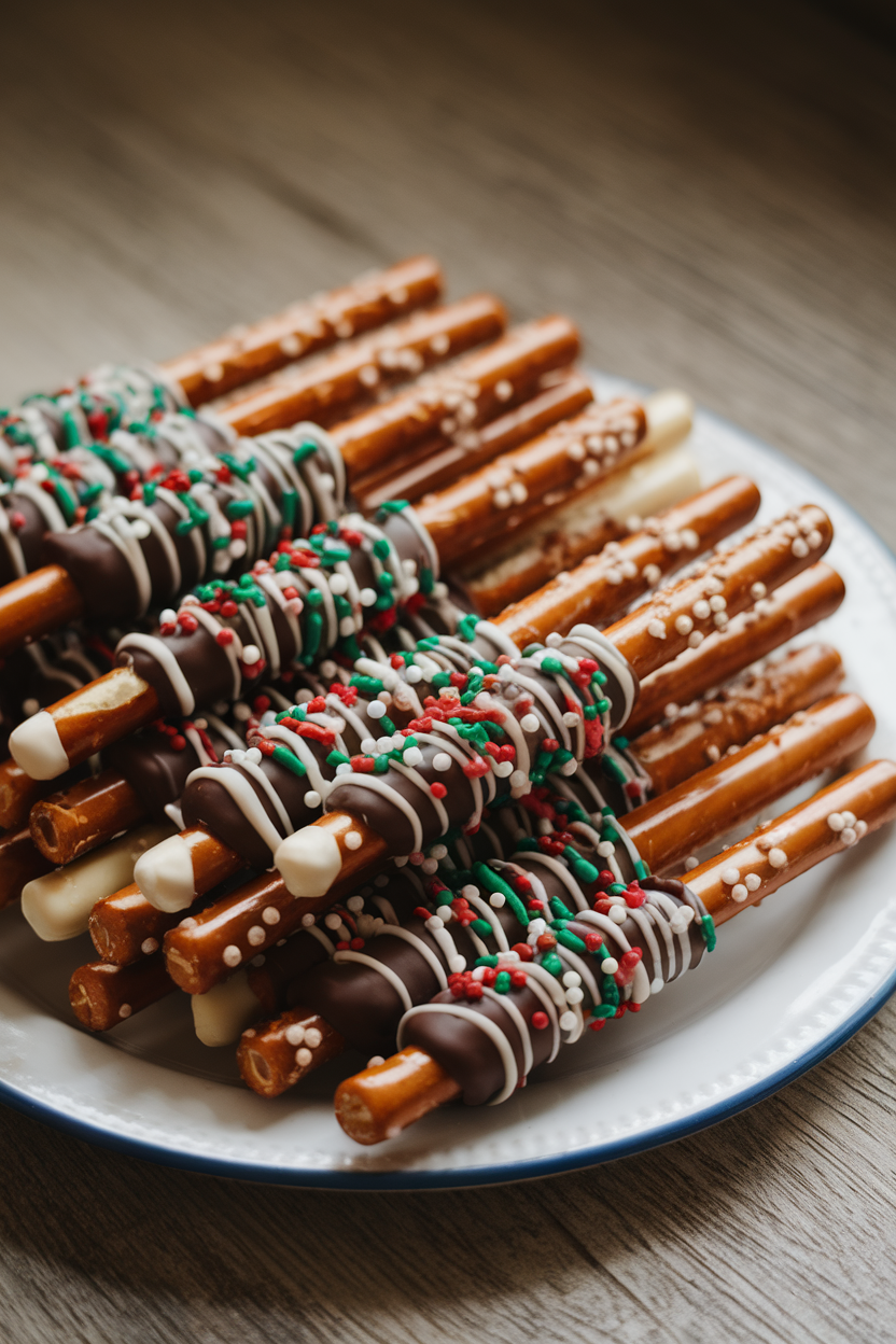 Indoor tray of pretzel rods half-dipped in dark and white chocolate with holiday sprinkles, shallow depth of field. No text or logos. Photo only.