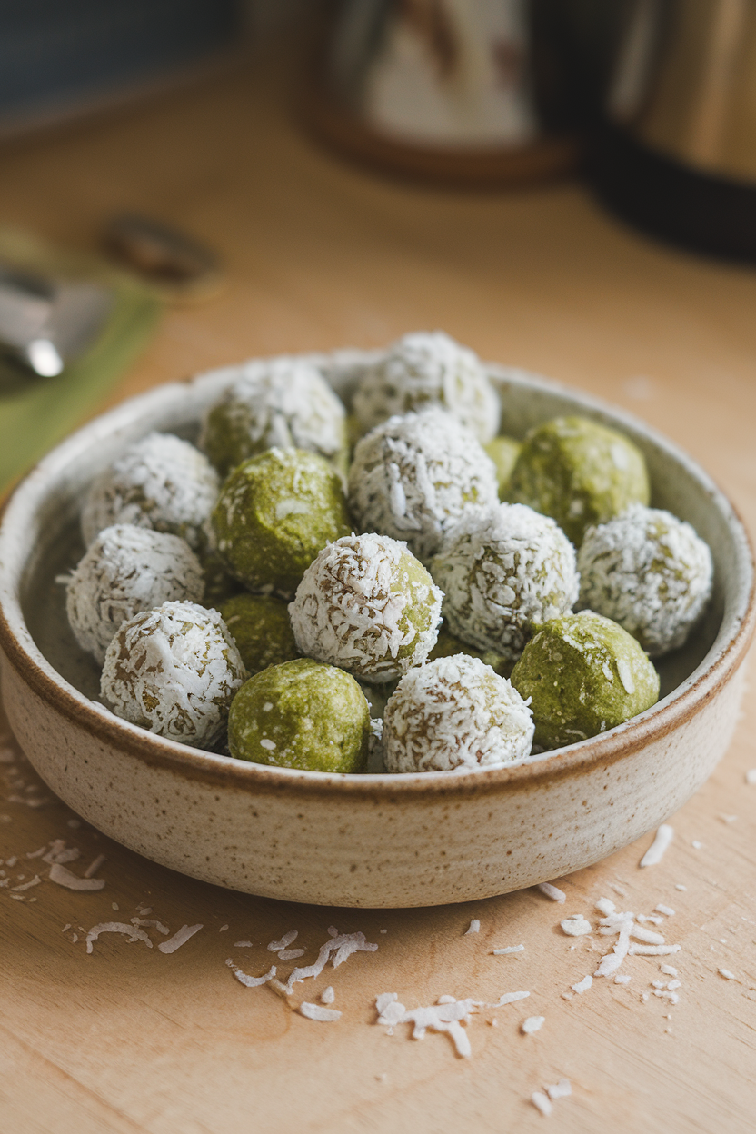 An indoor ceramic dish containing small green coconut matcha energy balls rolled in shredded coconut. Photo, no text or logos.