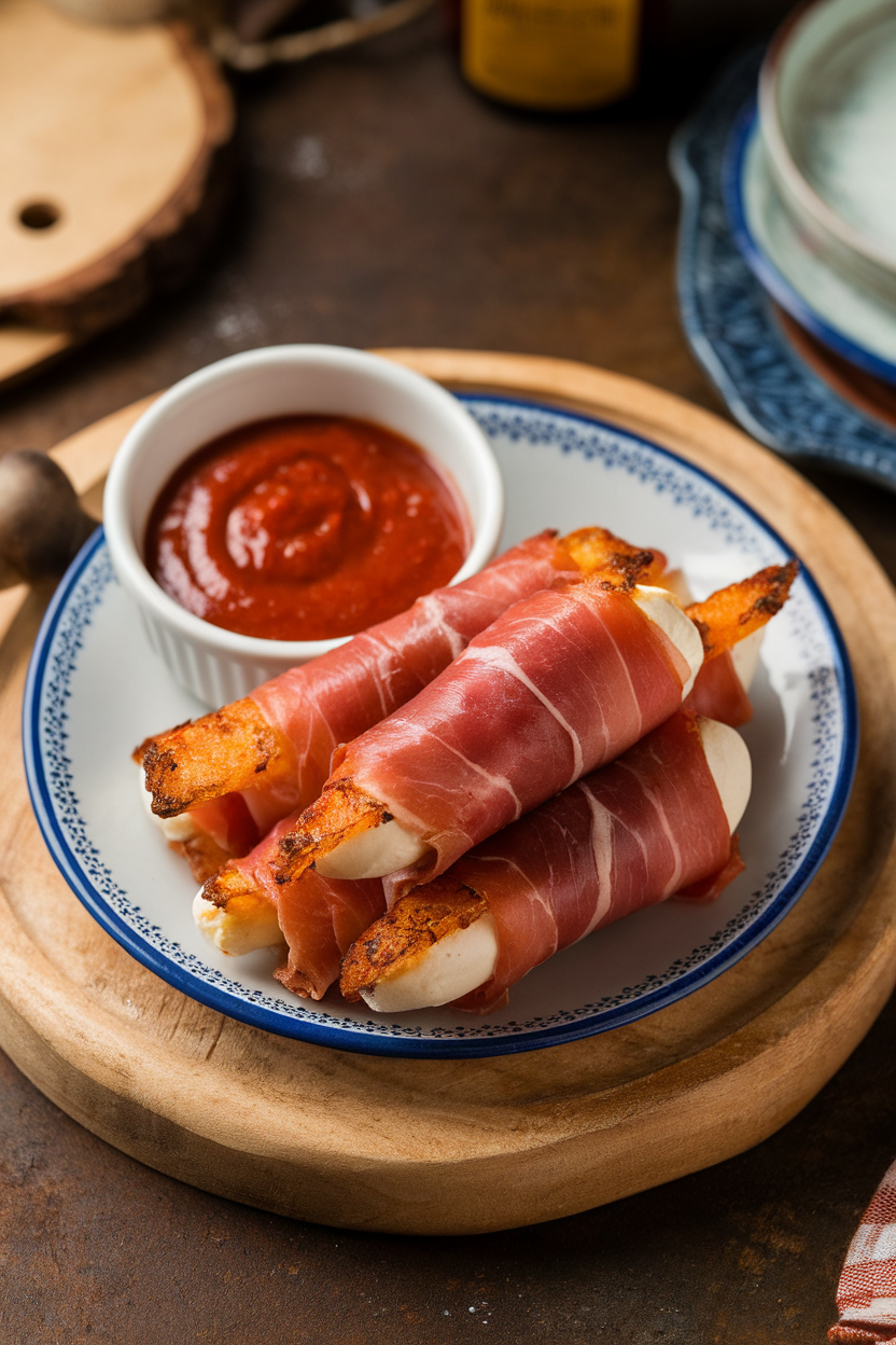 An indoor appetizer plate with browned prosciutto-wrapped mozzarella sticks, small bowl of marinara beside them. No text or logos present. Photo, not illustration.