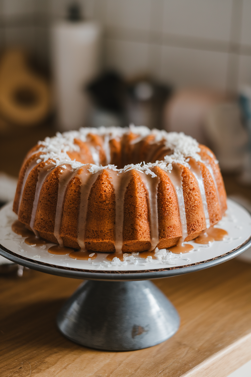 Indoor cake stand with a glazed bundt coconut rum cake sprinkled with shredded coconut; no logos. Photo, not illustration.