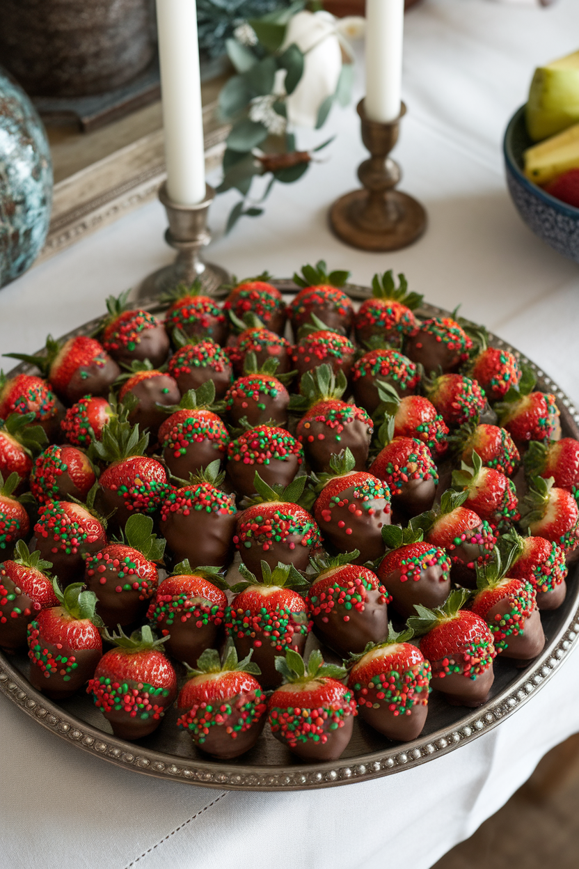 Photo indoors of a tray lined with glossy dark-chocolate dipped strawberries decorated with red and green sprinkles. No text or logos in view.