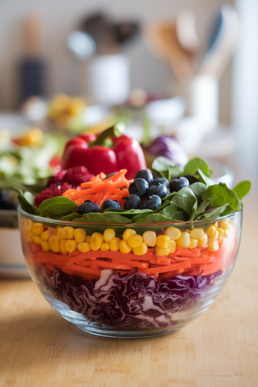 A vibrant indoor salad bowl layered with red peppers, orange carrots, yellow corn, green spinach, blueberries, and purple cabbage, captured in overhead view. No text or logos. Photo, not illustration.