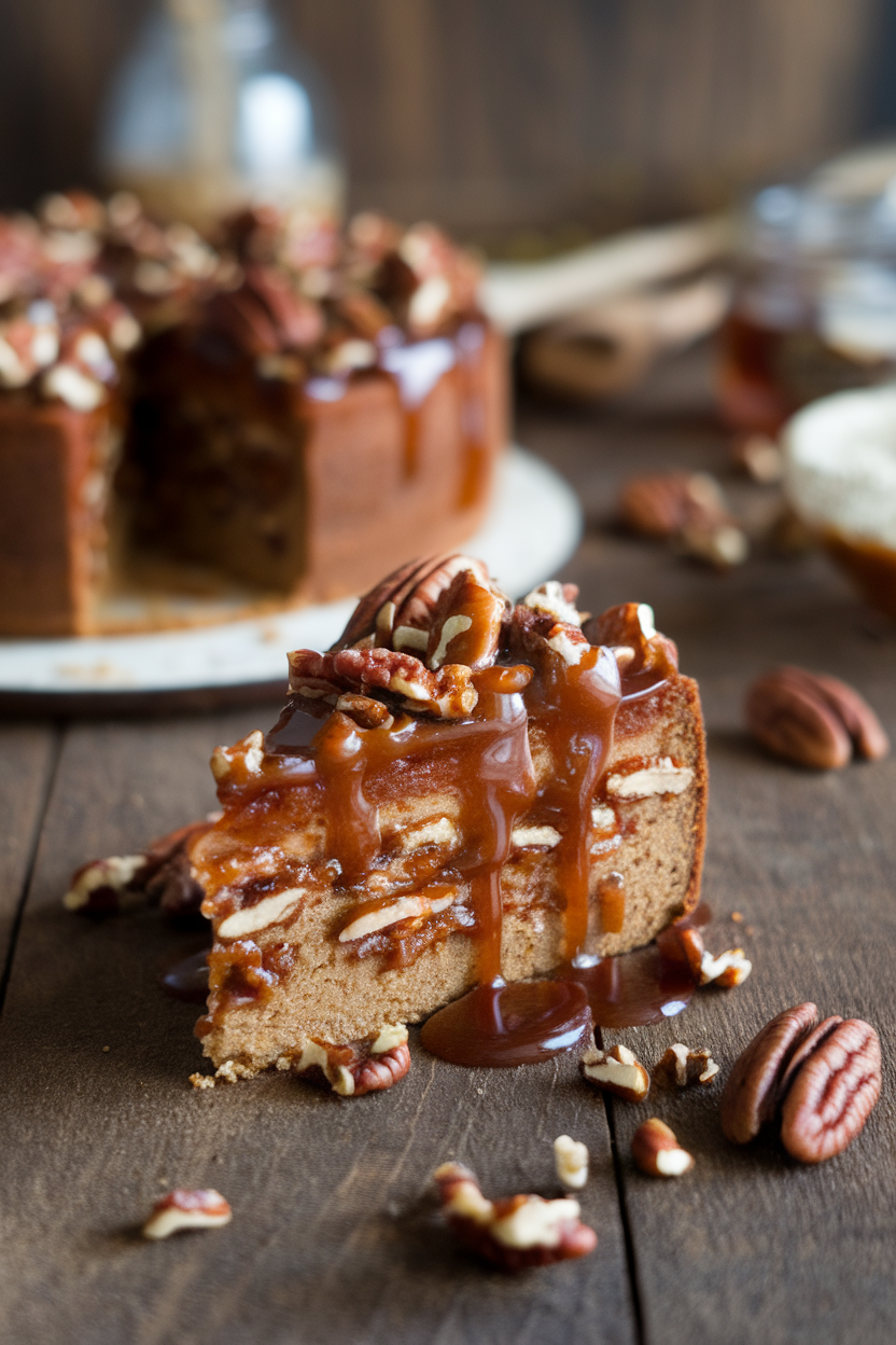 A rustic indoor wooden table with a slice of pecan cake draped in glossy bourbon praline sauce, crushed pecans sprinkled around. No text or logos. Photo, not illustration.