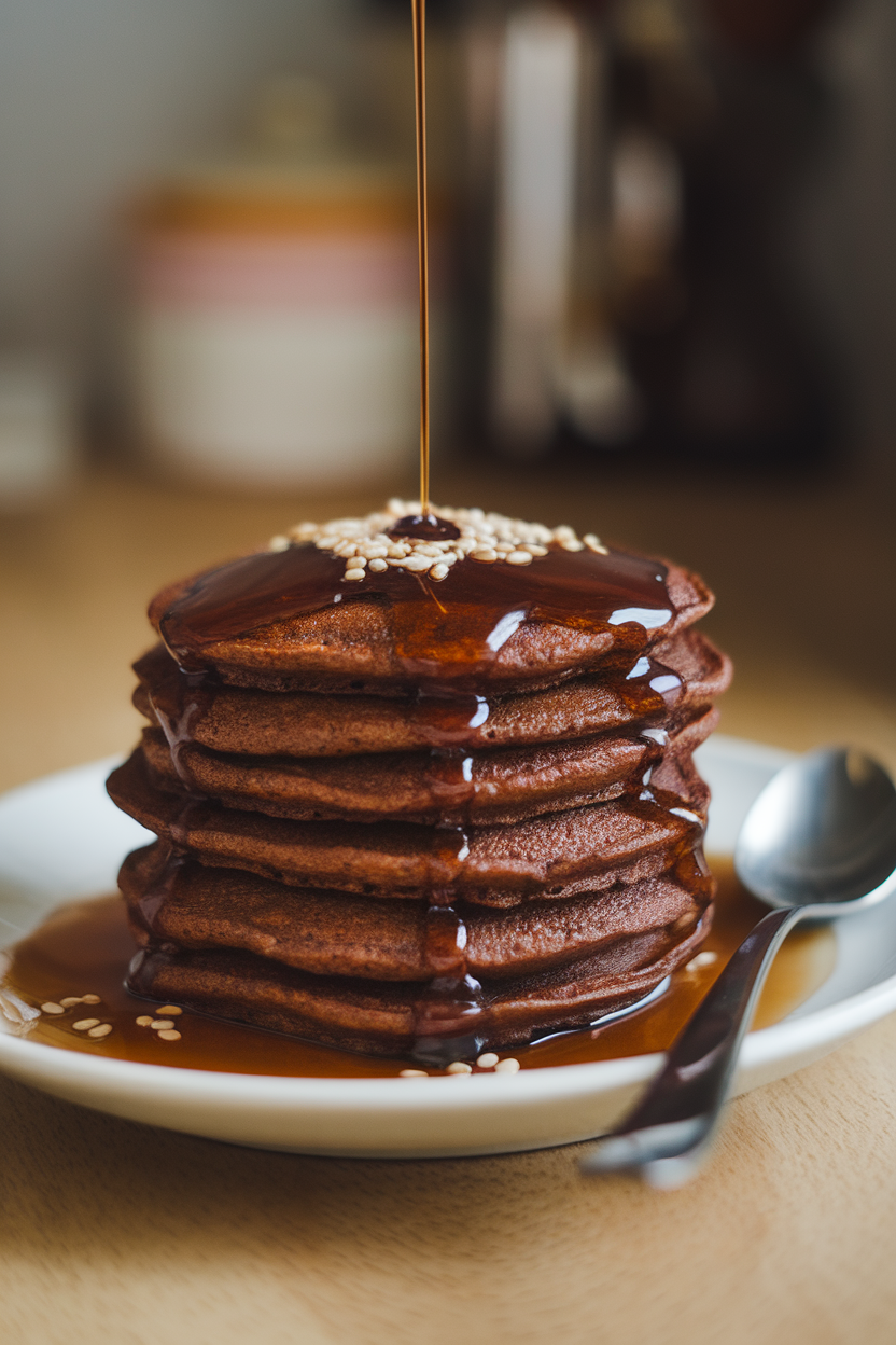 Indoor photo of deep brown pancakes topped with a subtle chili-chocolate syrup and a sprinkle of sesame seeds; no text or logos.