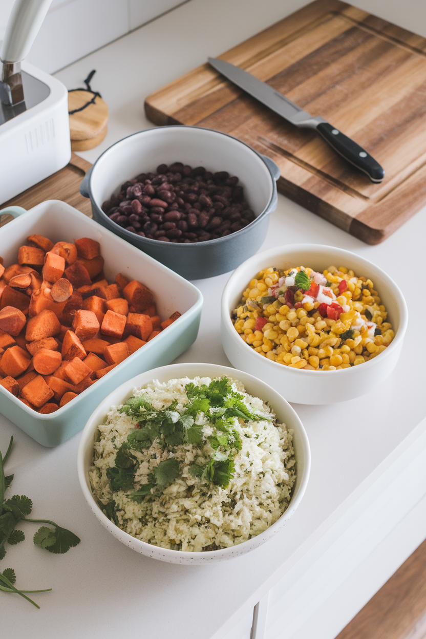 An indoor meal prep station with bowls of roasted sweet potato cubes, black beans, corn salsa, and cilantro lime rice. No text or logos present.