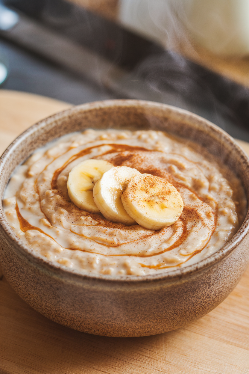 Indoor photo of a stoneware bowl of creamy oats swirled with almond butter and topped with banana coins and a dash of cinnamon. Steam rising slightly, no text or logos.