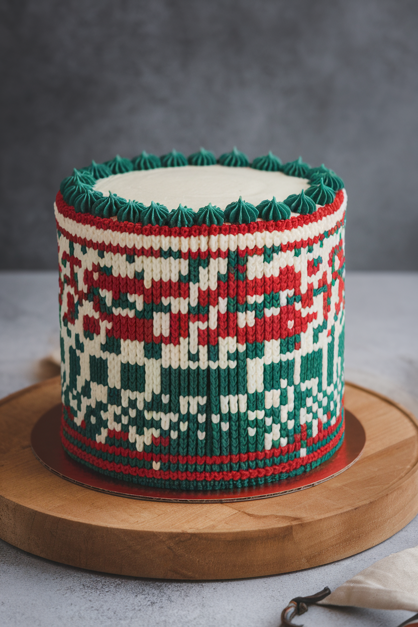 Indoor studio shot of a tall sponge cake wrapped in buttercream piped with red, white, and green Fair Isle patterns resembling a knitted sweater. No text or logos present.