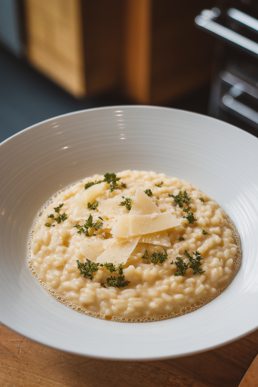 Indoor kitchen scene showing a shallow white bowl of creamy risotto finished with tiny bubbles of champagne, garnished with shaved Parmesan and parsley; no text or logos