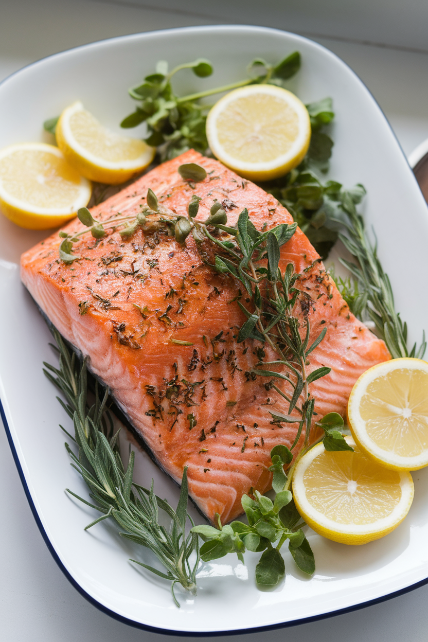 Indoor photo of a cooked wild-caught salmon fillet topped with herbs and lemon slices, presented on a white platter; no raw fish, no text or logos.