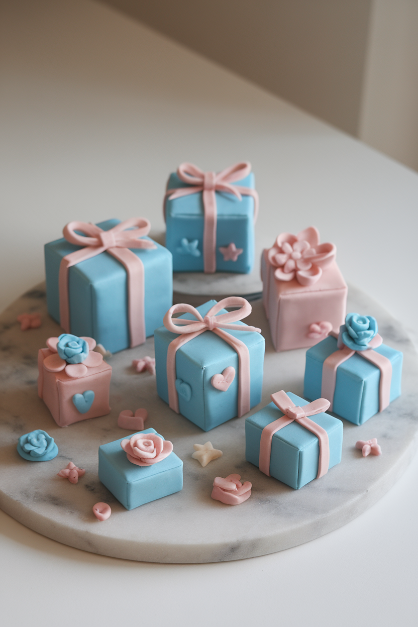 A softly lit indoor setting with miniature fondant gift boxes tied with thin fondant bows arranged on a marble slab, no text or logos