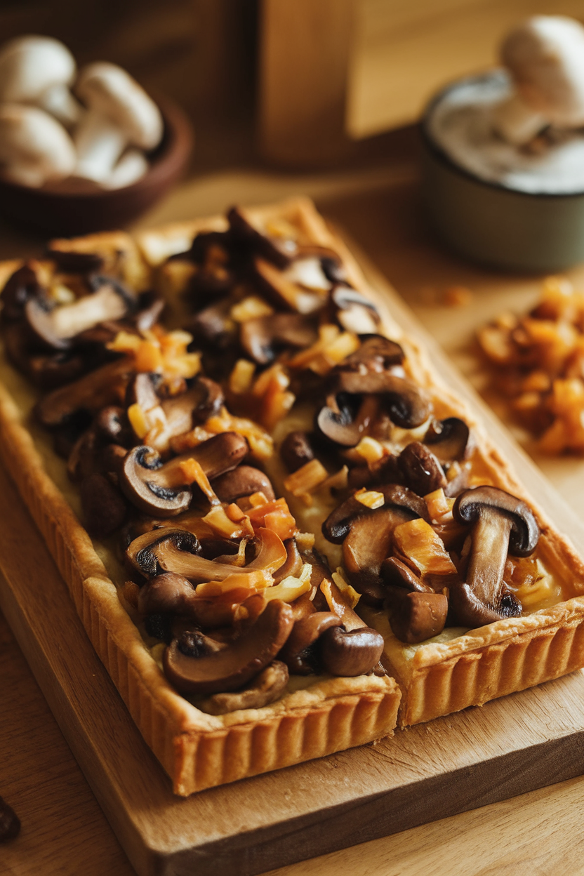 Warm indoor shot of a rectangular puff pastry tart topped with sautéed mushrooms and caramelized shallots, sliced into squares. No text or logos.