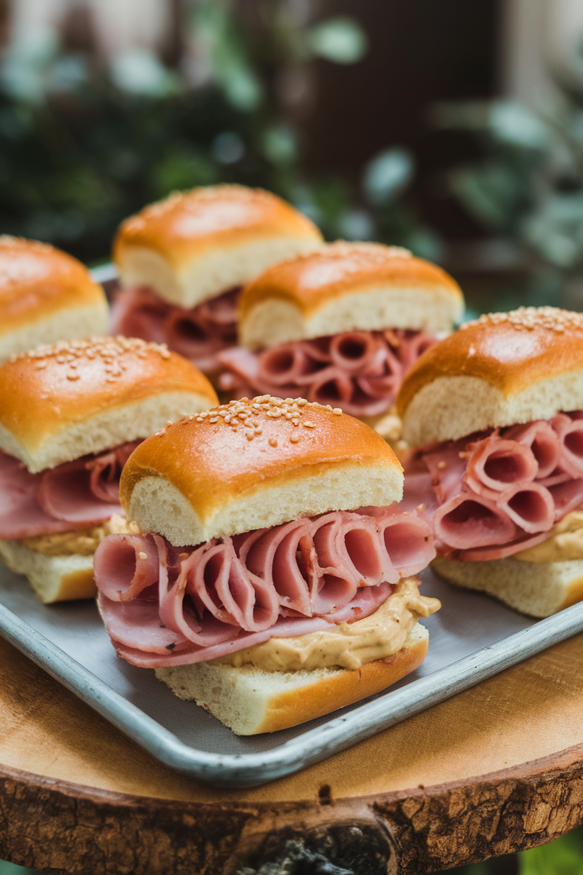 Photo of an indoor tray of small brioche buns layered with sliced glazed ham and a smear of dijon mayo, sesame seeds sprinkled on top. No text or logos visible.