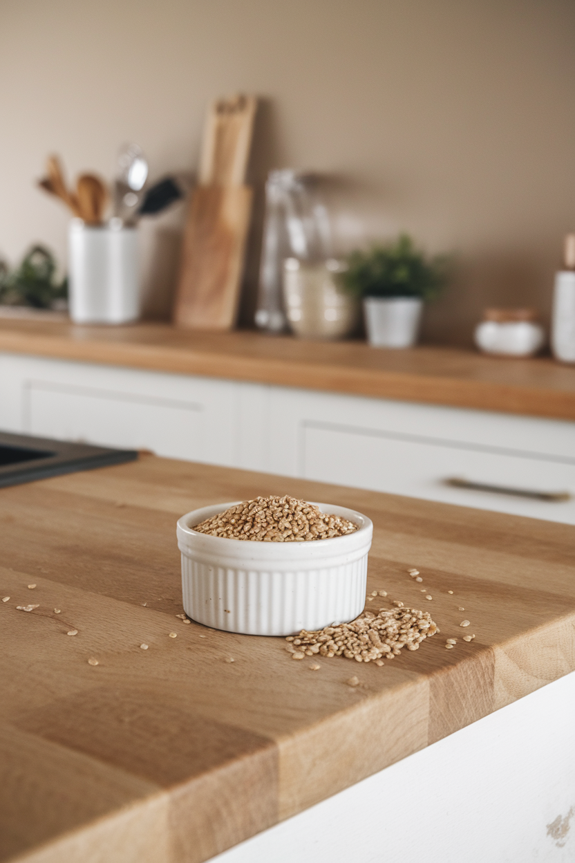 Photo, indoor kitchen island with a small ramekin of shelled hemp seeds, neutral background, no logos.