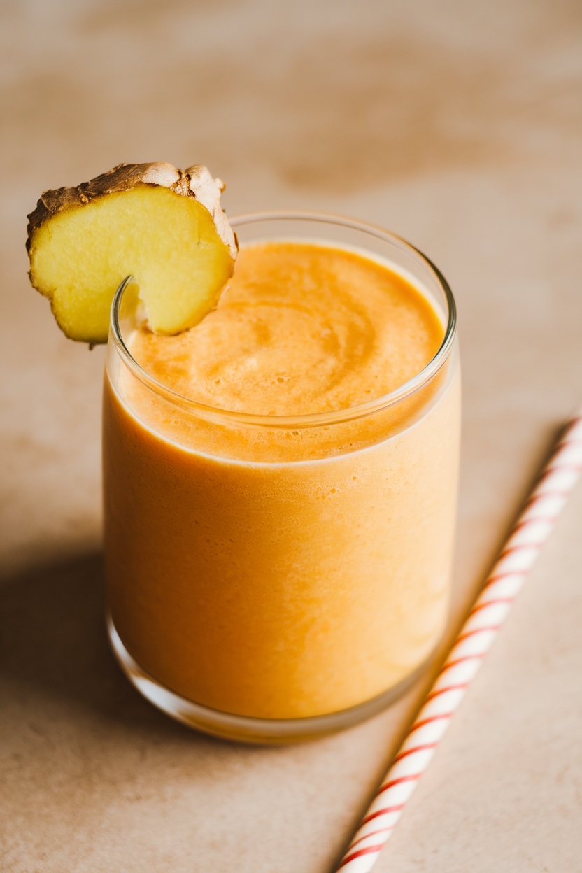 An indoor glass filled with vibrant orange smoothie, small ginger slice and paper straw as garnish, no text or logos. Photo only.